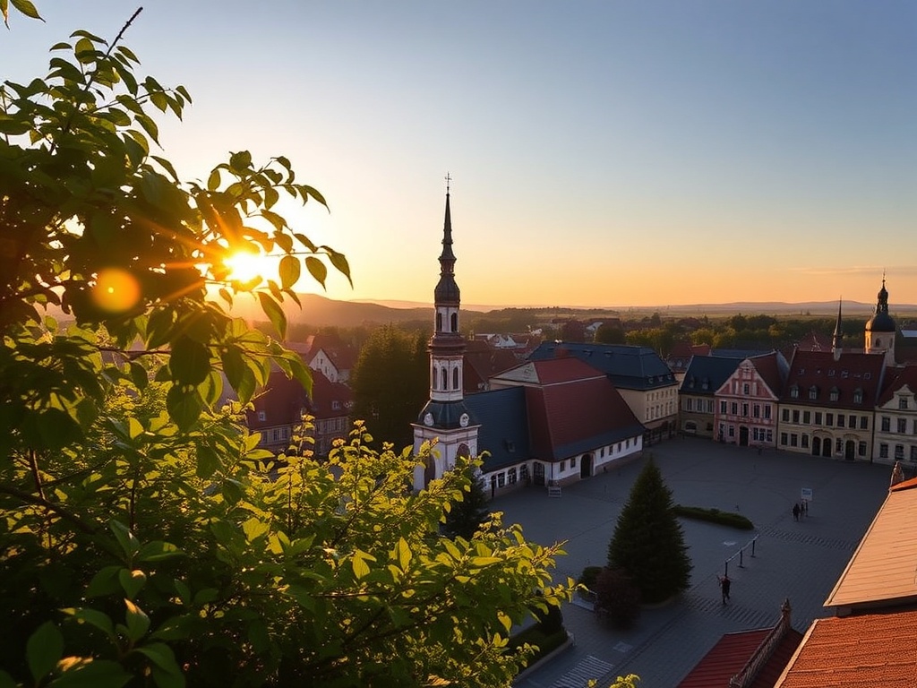 Widok na rynek w Ostrowcu Świętokrzyskim podczas majówki, z elementami zieleni i potencjalnymi uczestnikami wydarzeń.